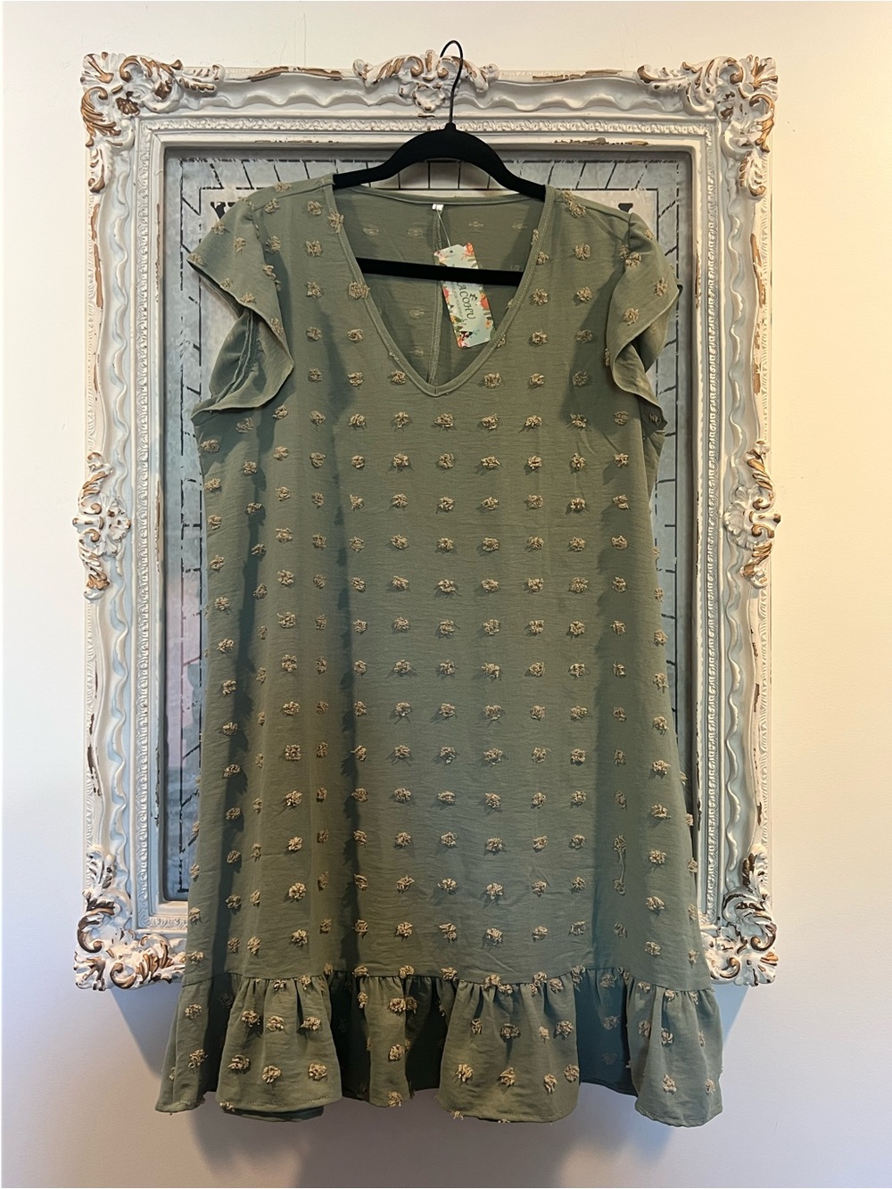 Textured Ruffle-Hem Mini Dress in Light Olive